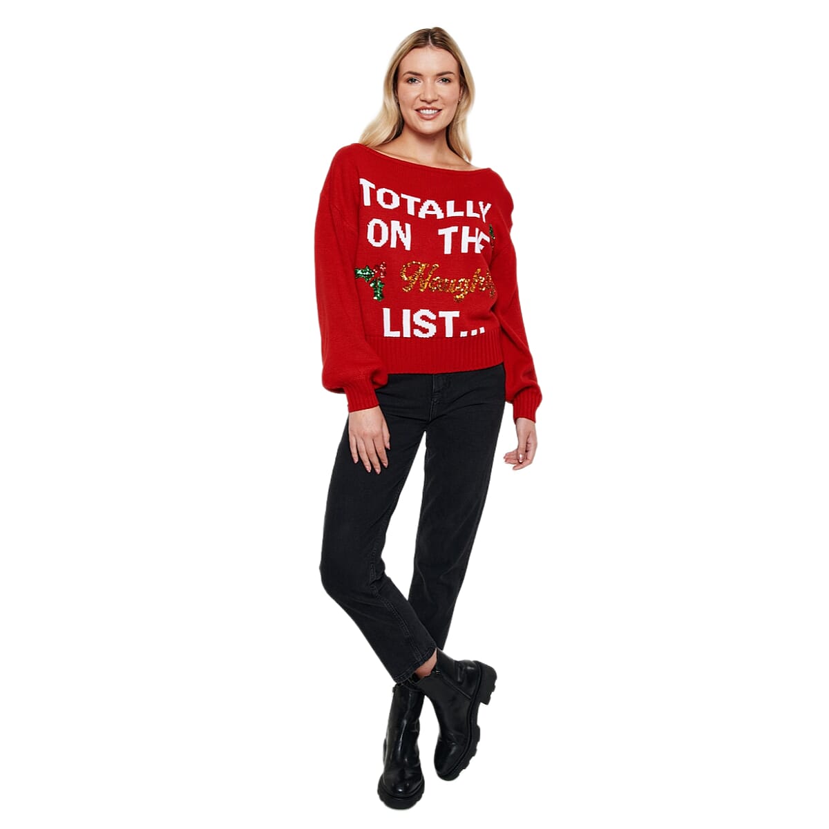 Threadbare Boat Neck Design Christmas Jumper (Size 8) - Red