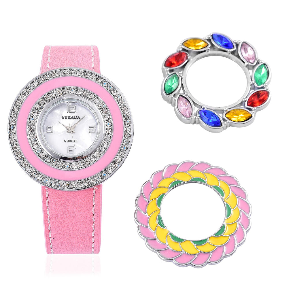 Time Piece Pick Of the Show Deal - STRADA Japanese Movement Mother of Pearl Watch With Interchangeable Bezels - Pink Strap