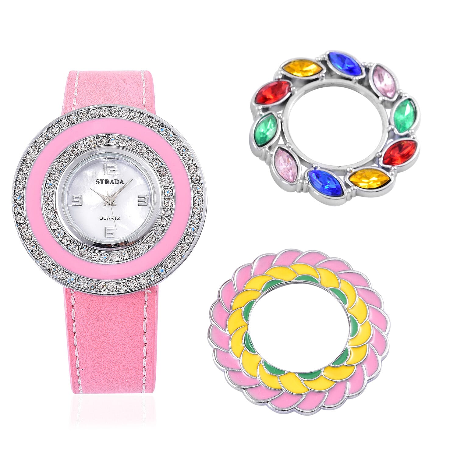Time Piece Pick Of the Show Deal - STRADA Japanese Movement Mother of Pearl Watch With Interchangeable Bezels - Pink Strap
