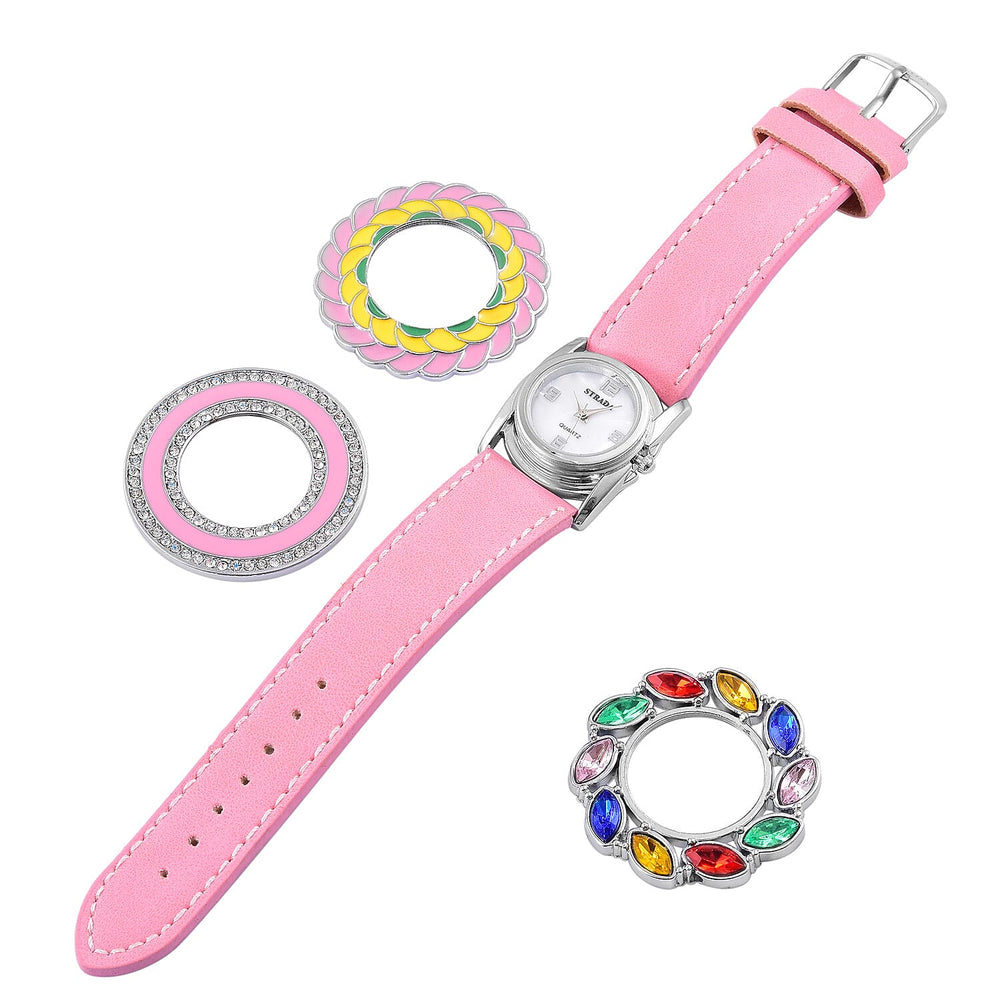 Time Piece Pick Of the Show Deal - STRADA Japanese Movement Mother of Pearl Watch With Interchangeable Bezels - Pink Strap