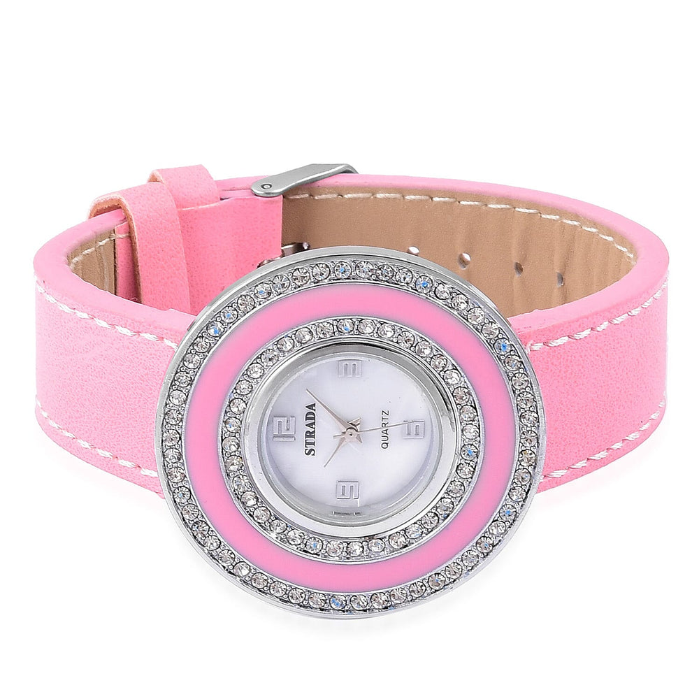 Time Piece Pick Of the Show Deal - STRADA Japanese Movement Mother of Pearl Watch With Interchangeable Bezels - Pink Strap