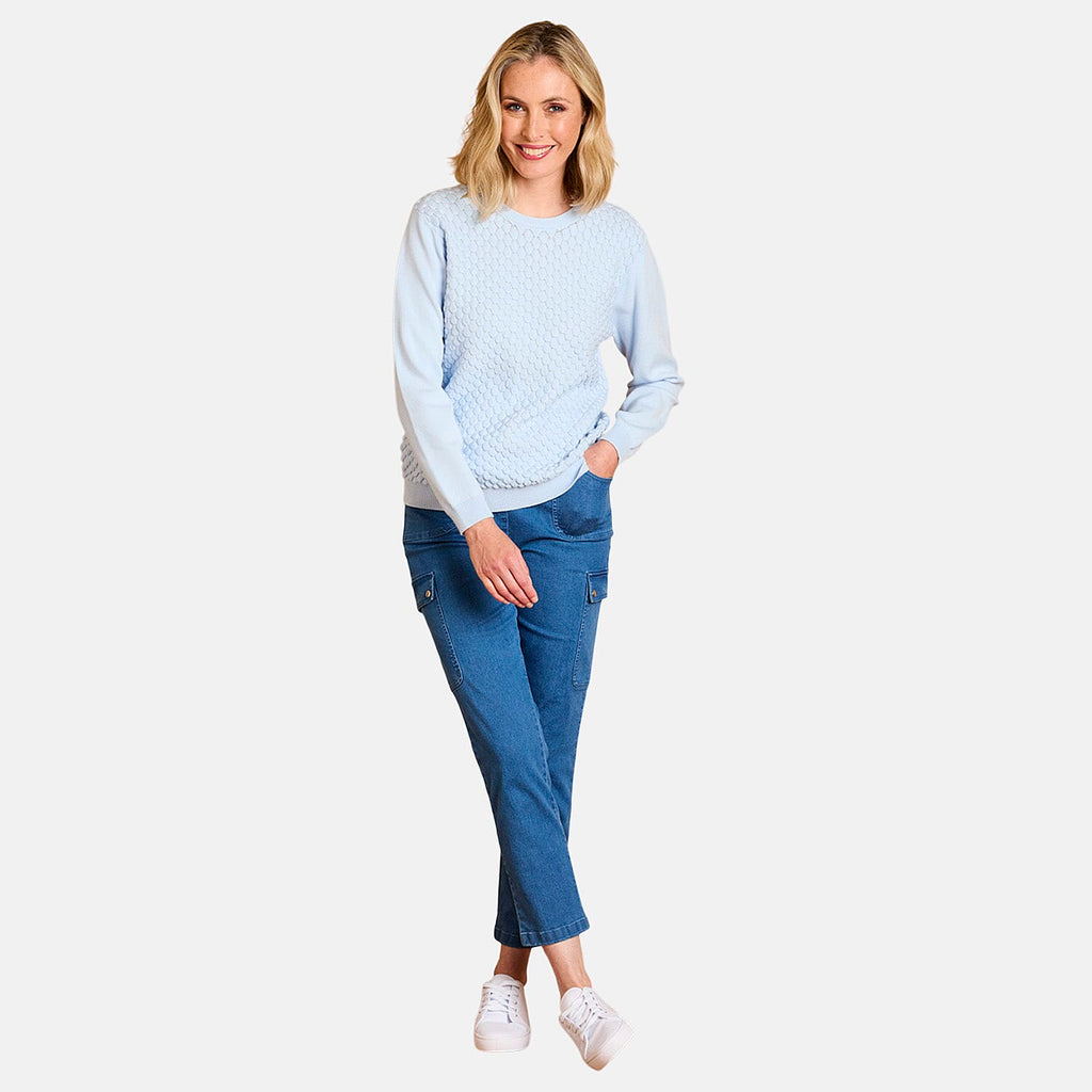 Emreco Womens Knitted Bubble Textured Round Neck Jumper (Size L) - Blue