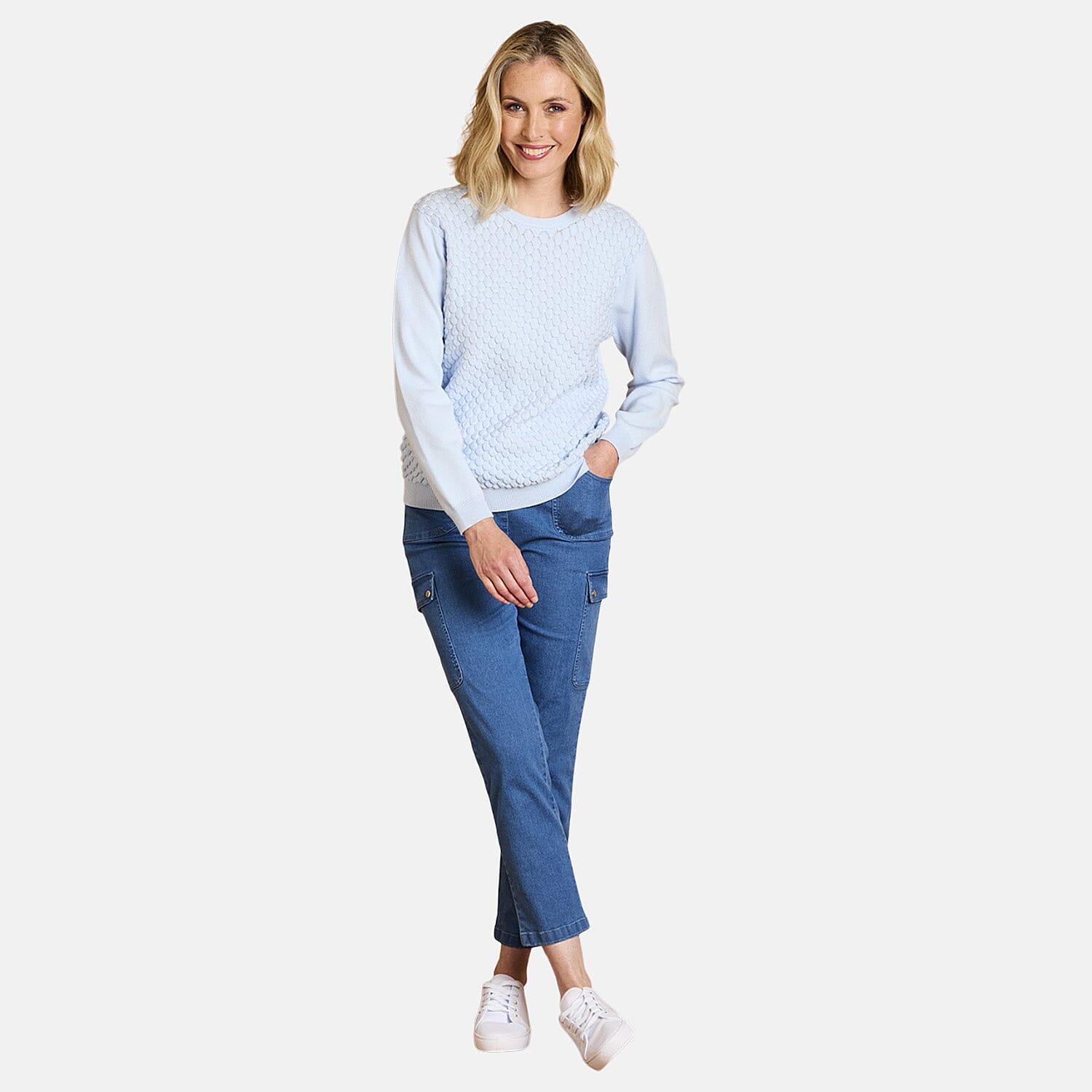 Emreco Womens Knitted Bubble Textured Round Neck Jumper (Size L) - Blue