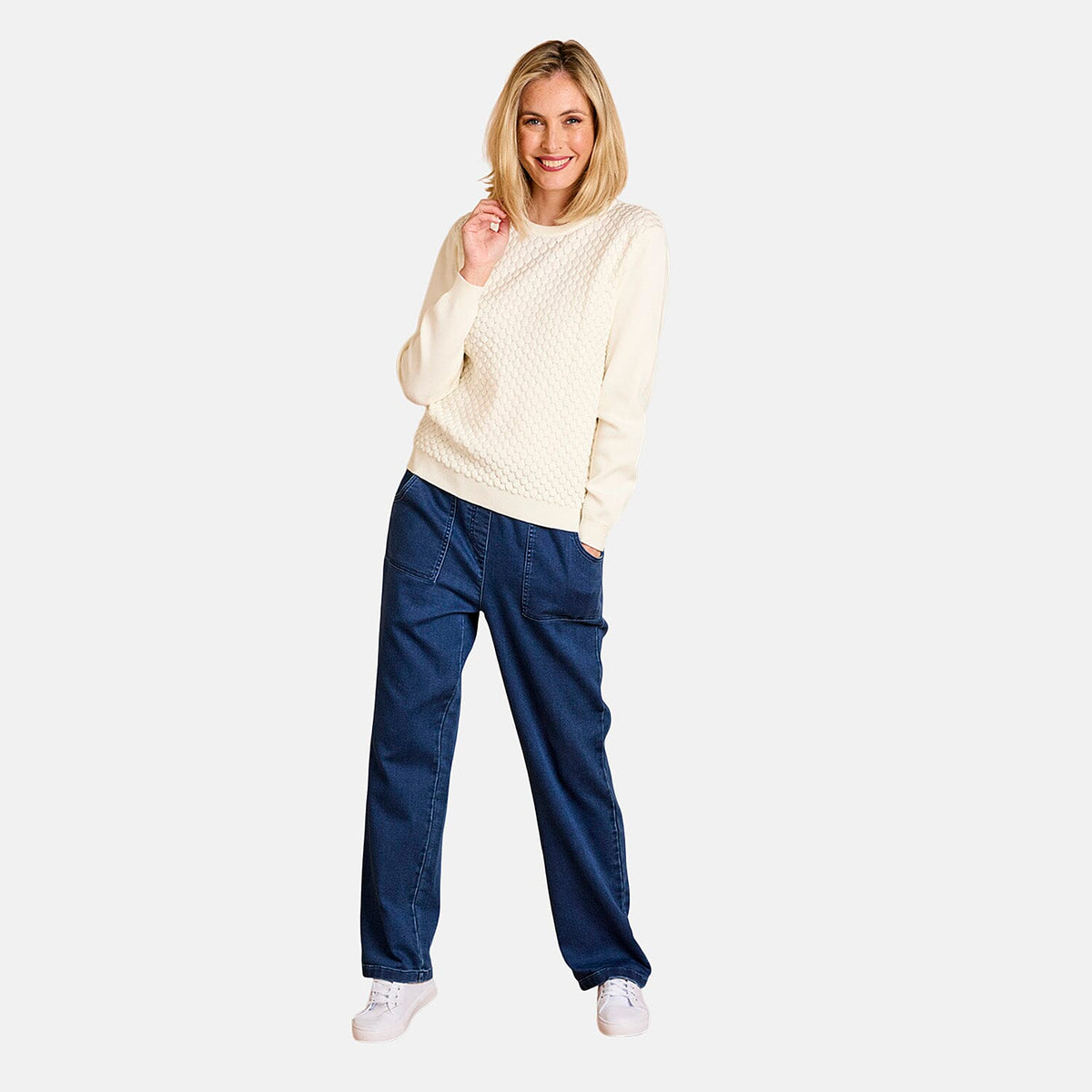 Emreco Womens Knitted Bubble Textured Round Neck Jumper (Size M) - Ivory