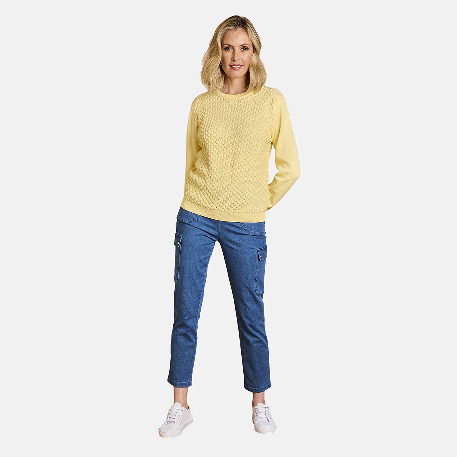 Emreco Womens Knitted Bubble Textured Round Neck Jumper (Size S) - Lemon
