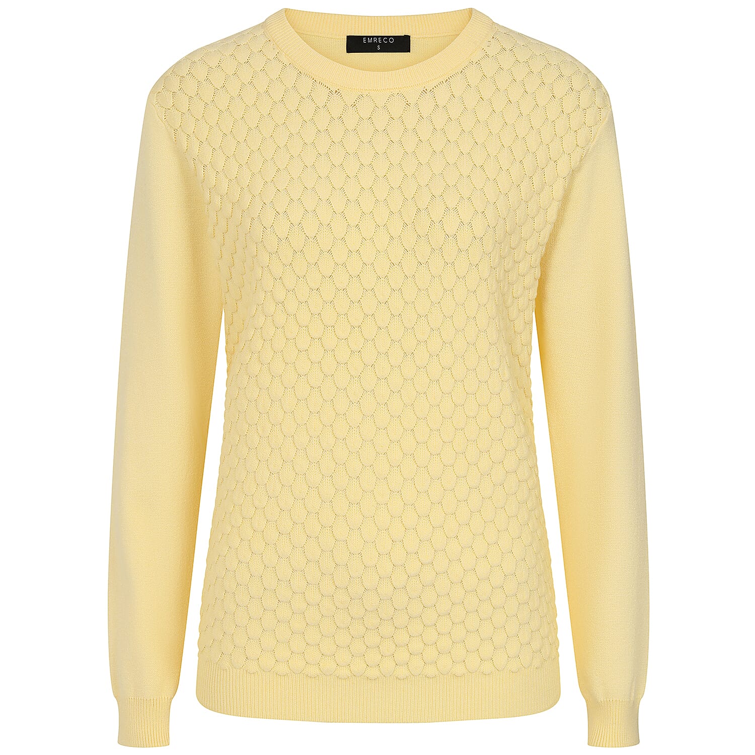 Emreco Womens Knitted Bubble Textured Round Neck Jumper (Size S) - Lemon