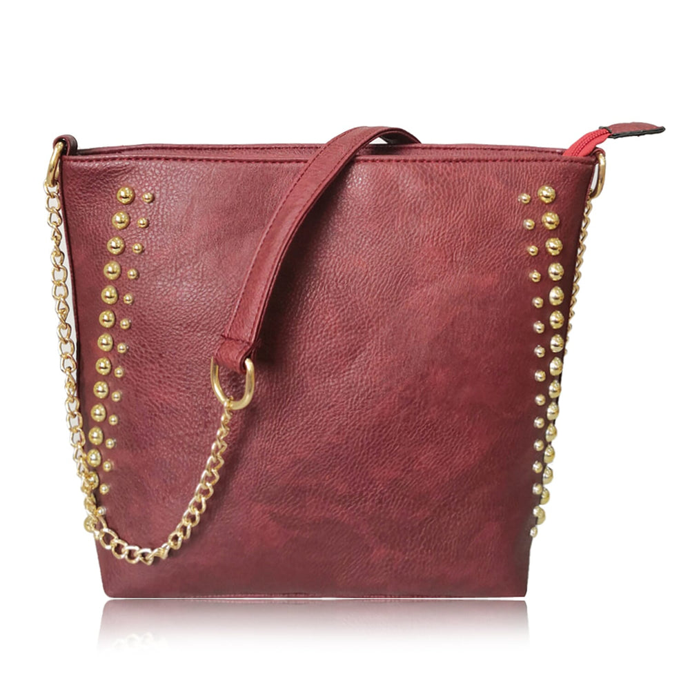 Designer Inspired Shoulder Bag with Chain Strap - Burgundy