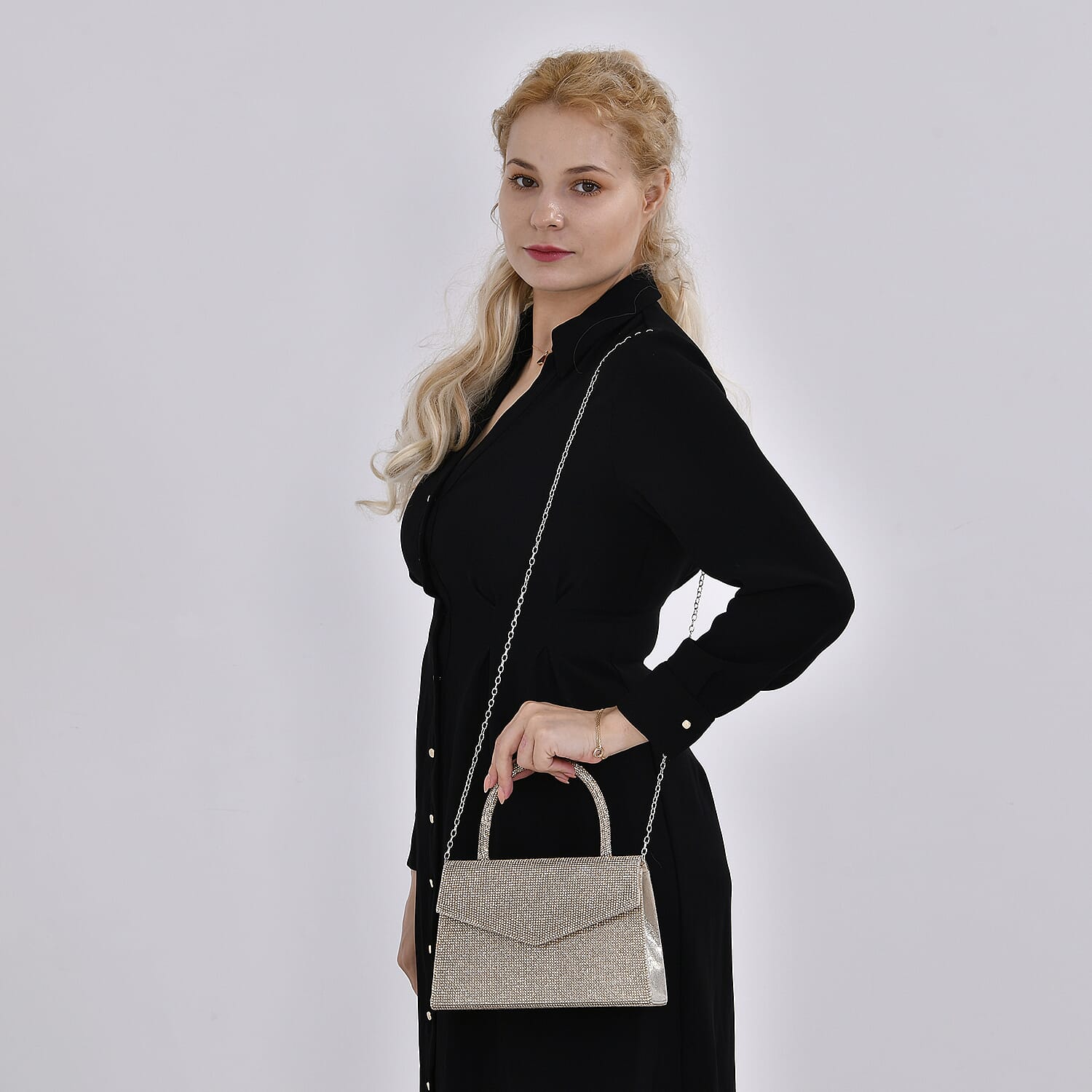 Crystal Patterned Clutch (Size 22x6x14 cm) - Gold & AB