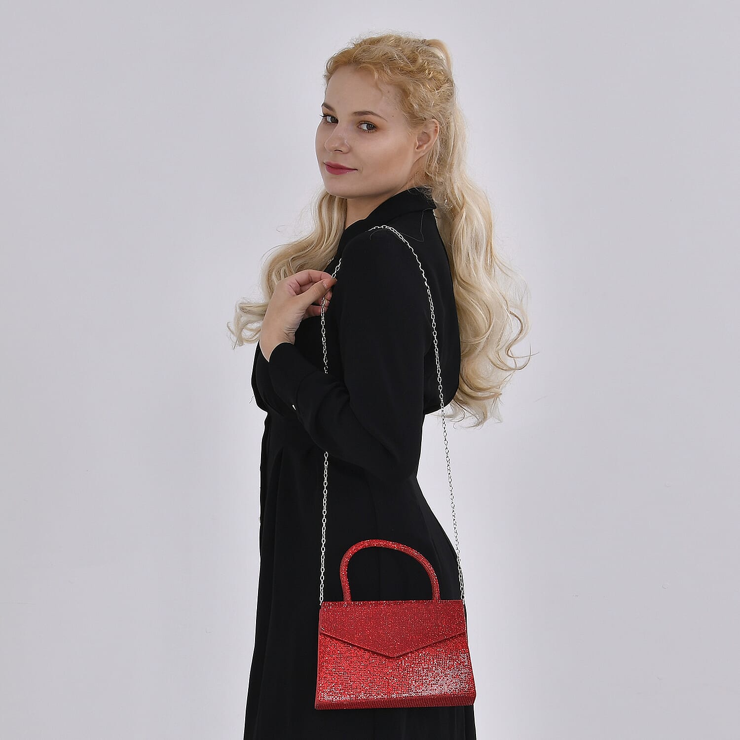 Crystal Patterned Clutch (Size 22x6x14 cm) - Red & AB