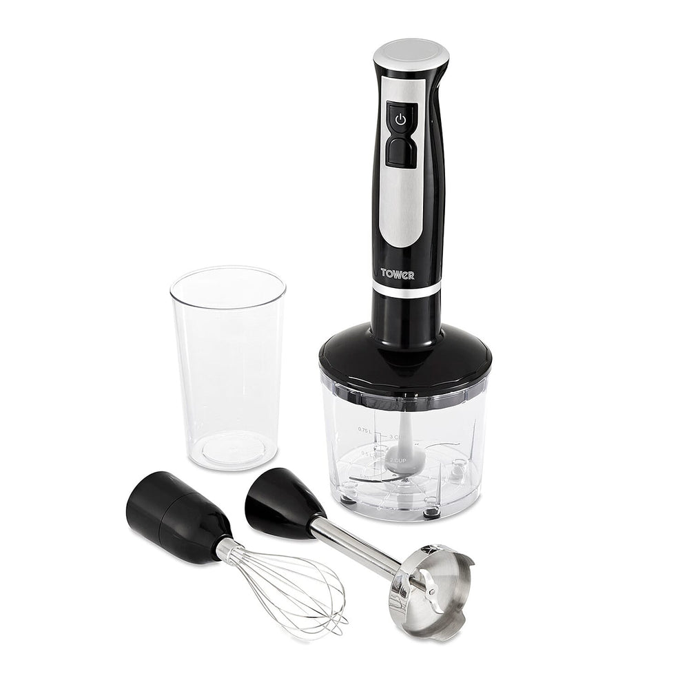 Tower - 4 in 1 Hand Blender-Chopper-Whisk with Stainless Steel Blades 600W - Black-  Blend, Chop, Whisk, Mix, Puree