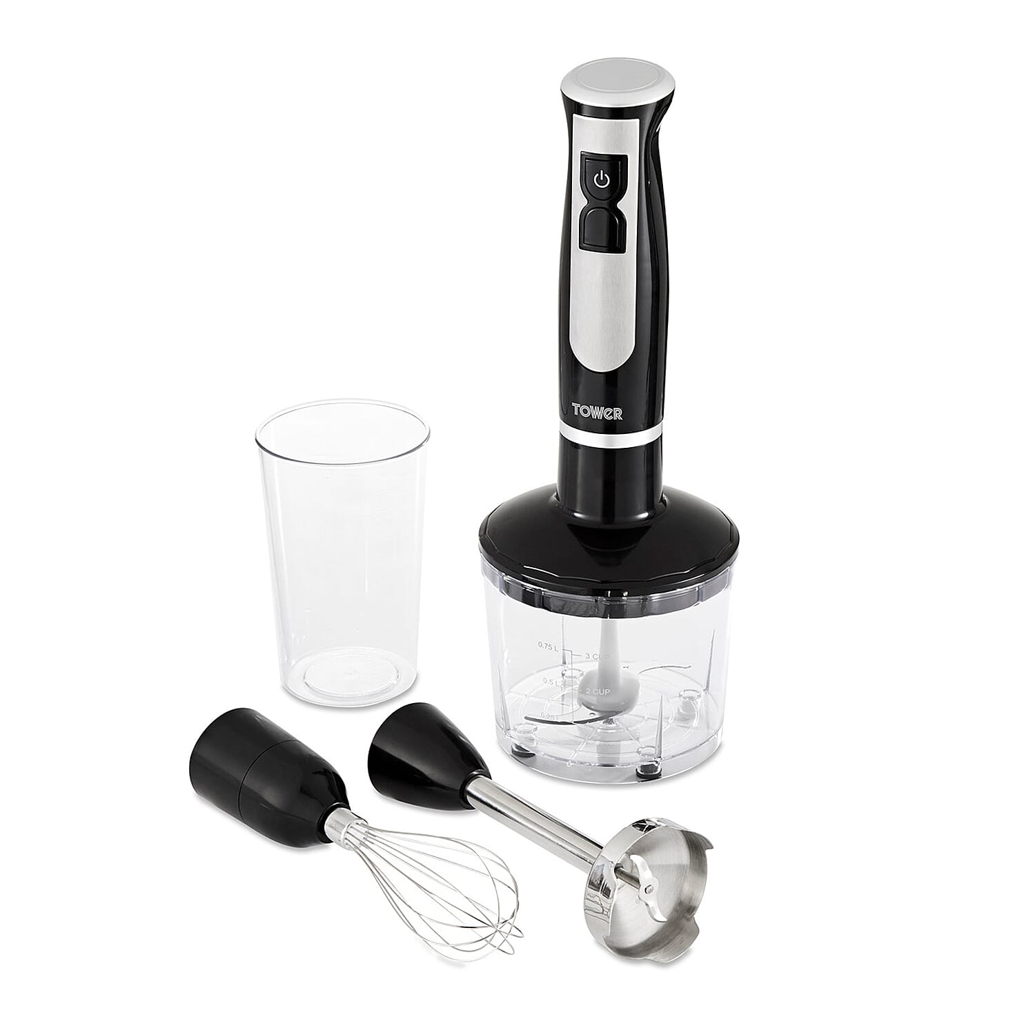Tower - 4 in 1 Hand Blender-Chopper-Whisk with Stainless Steel Blades 600W - Black-  Blend, Chop, Whisk, Mix, Puree