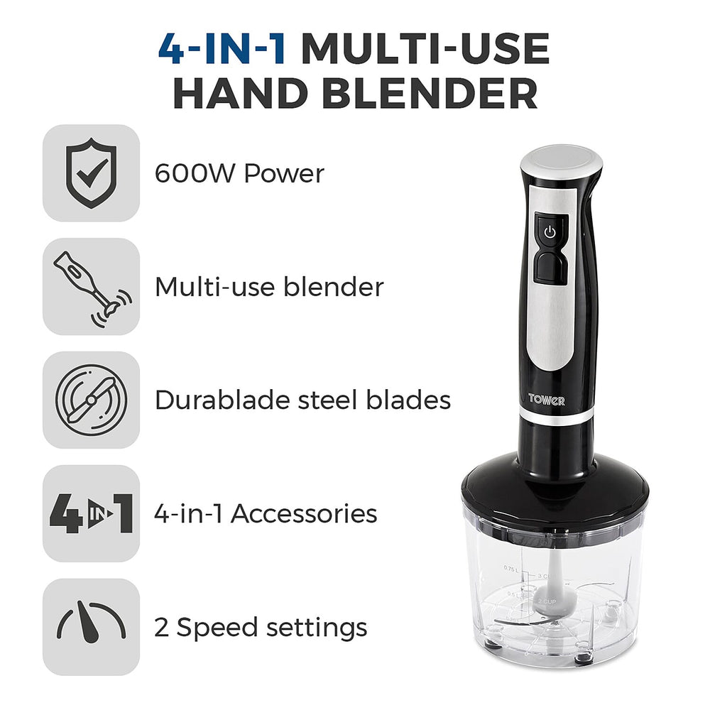 Tower - 4 in 1 Hand Blender-Chopper-Whisk with Stainless Steel Blades 600W - Black-  Blend, Chop, Whisk, Mix, Puree
