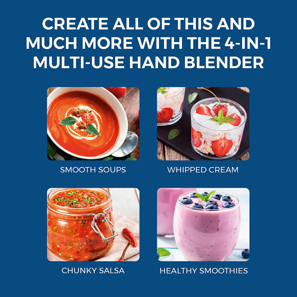 Tower - 4 in 1 Hand Blender-Chopper-Whisk with Stainless Steel Blades 600W - Black-  Blend, Chop, Whisk, Mix, Puree