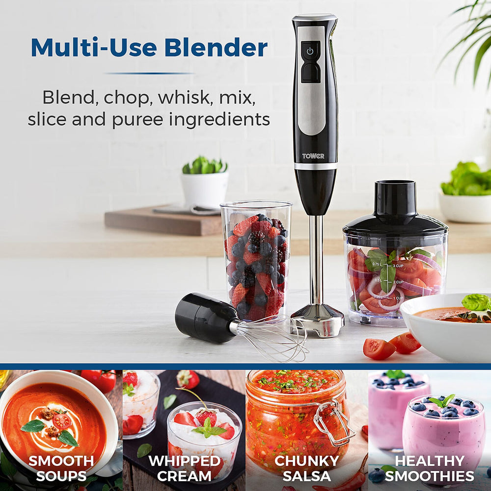 Tower - 4 in 1 Hand Blender-Chopper-Whisk with Stainless Steel Blades 600W - Black-  Blend, Chop, Whisk, Mix, Puree