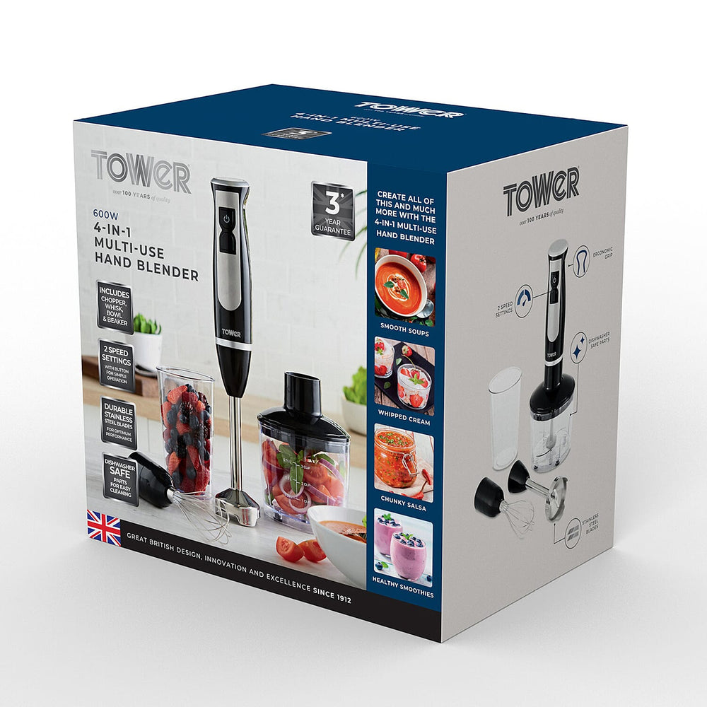 Tower - 4 in 1 Hand Blender-Chopper-Whisk with Stainless Steel Blades 600W - Black-  Blend, Chop, Whisk, Mix, Puree