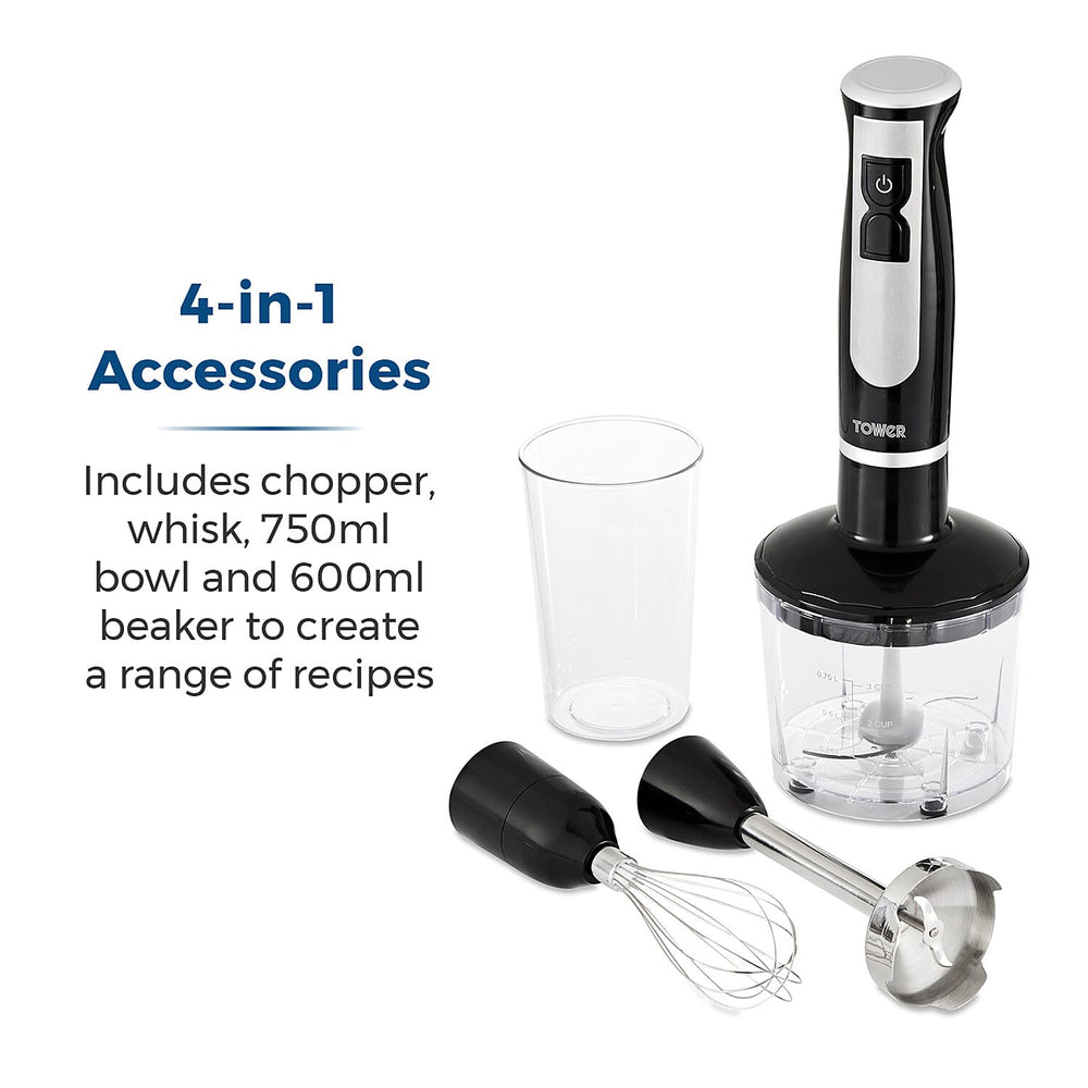Tower - 4 in 1 Hand Blender-Chopper-Whisk with Stainless Steel Blades 600W - Black-  Blend, Chop, Whisk, Mix, Puree