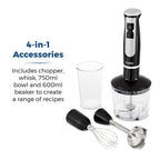 Tower - 4 in 1 Hand Blender-Chopper-Whisk with Stainless Steel Blades 600W - Black-  Blend, Chop, Whisk, Mix, Puree