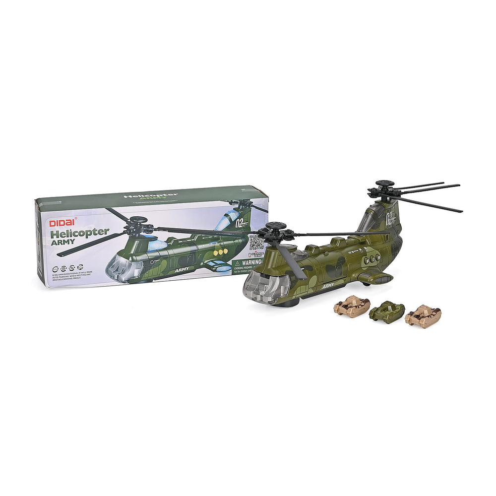 Chinook Army Helicopter - Rechargeable toy with light and music, and 3 army tanks - Green