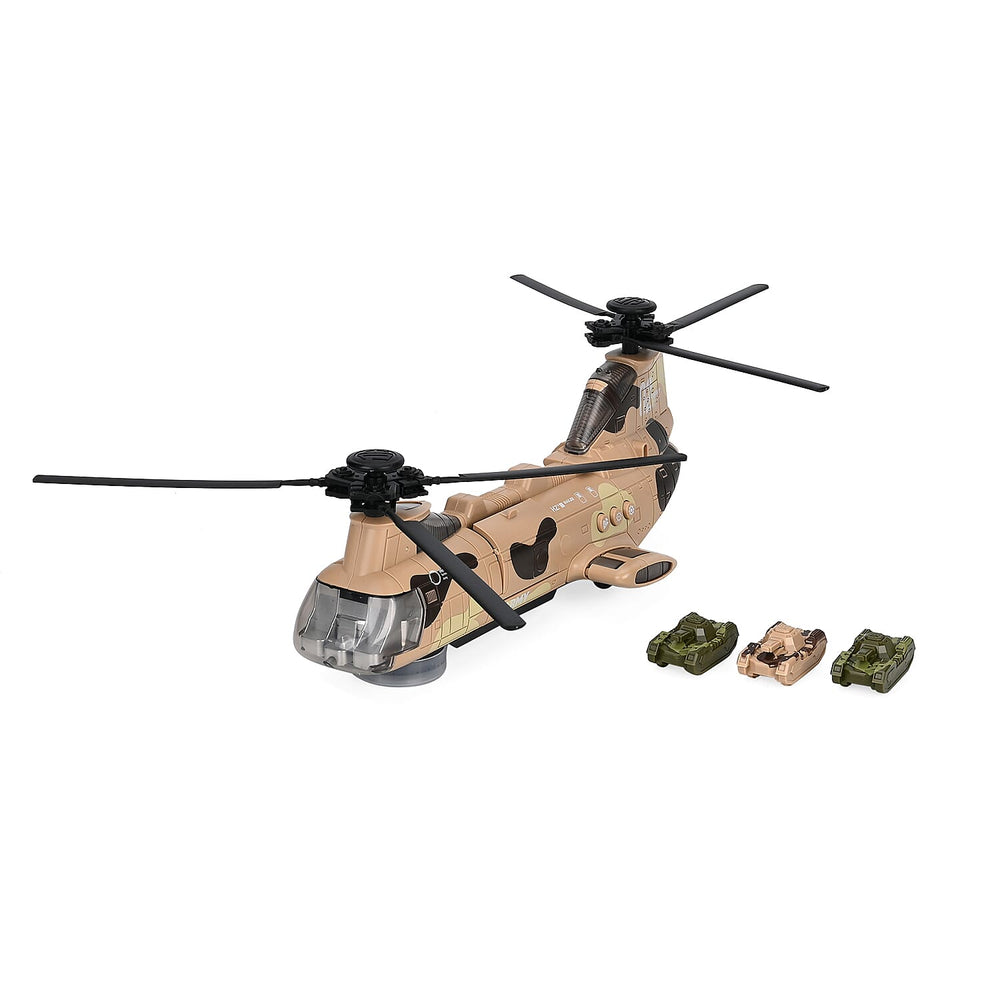 Chinook Army Helicopter - Rechargeable toy with light and music, and 3 army tanks - Yellow