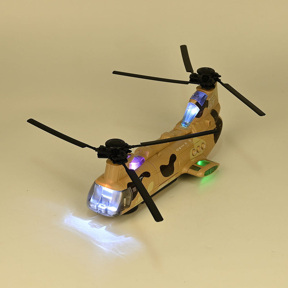Chinook Army Helicopter - Rechargeable toy with light and music, and 3 army tanks - Yellow