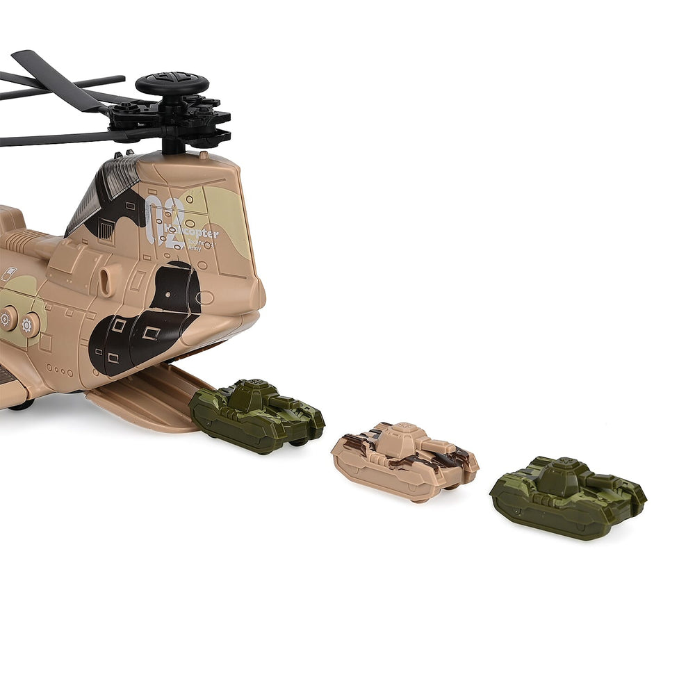 Chinook Army Helicopter - Rechargeable toy with light and music, and 3 army tanks - Yellow