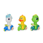 Set of 3 Press Toy Cars Unicorns, Ducklings, Baby Dinosaurs White Yellow Green