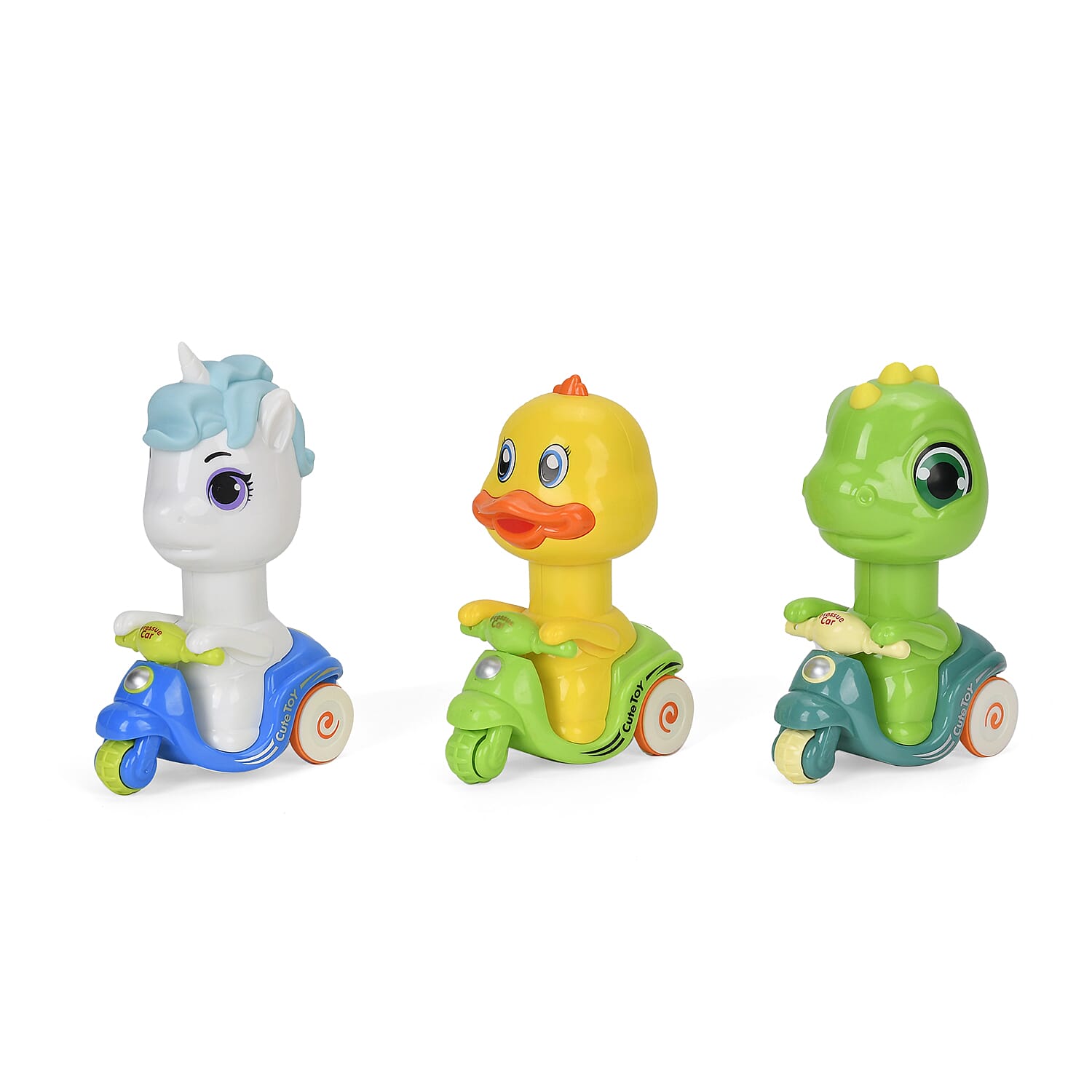 Set of 3 Press Toy Cars Unicorns, Ducklings, Baby Dinosaurs White Yellow Green
