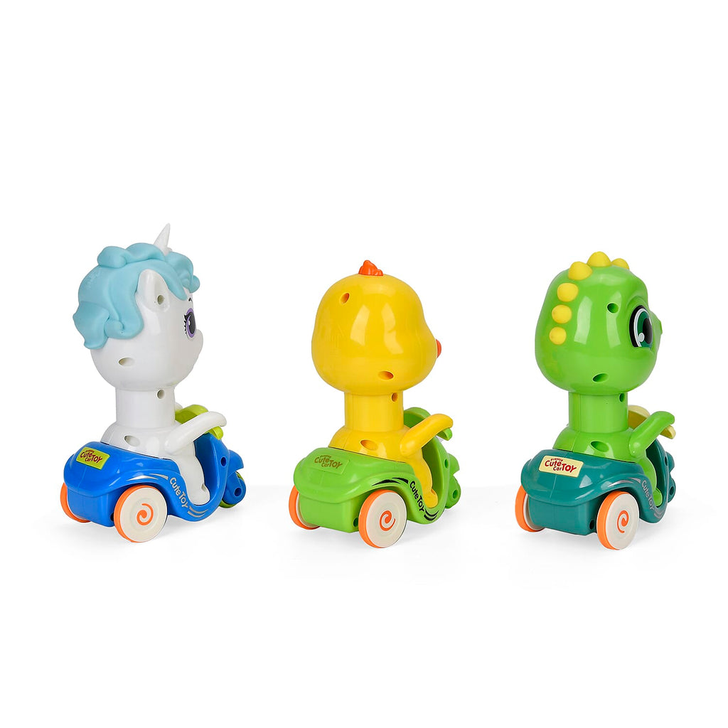 Set of 3 Press Toy Cars Unicorns, Ducklings, Baby Dinosaurs White Yellow Green
