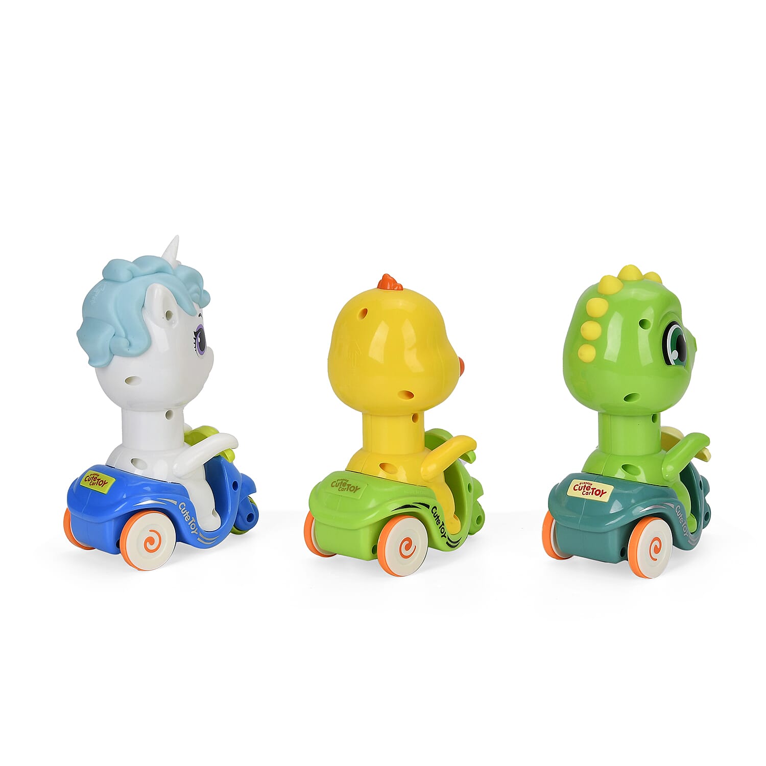 Set of 3 Press Toy Cars Unicorns, Ducklings, Baby Dinosaurs White Yellow Green