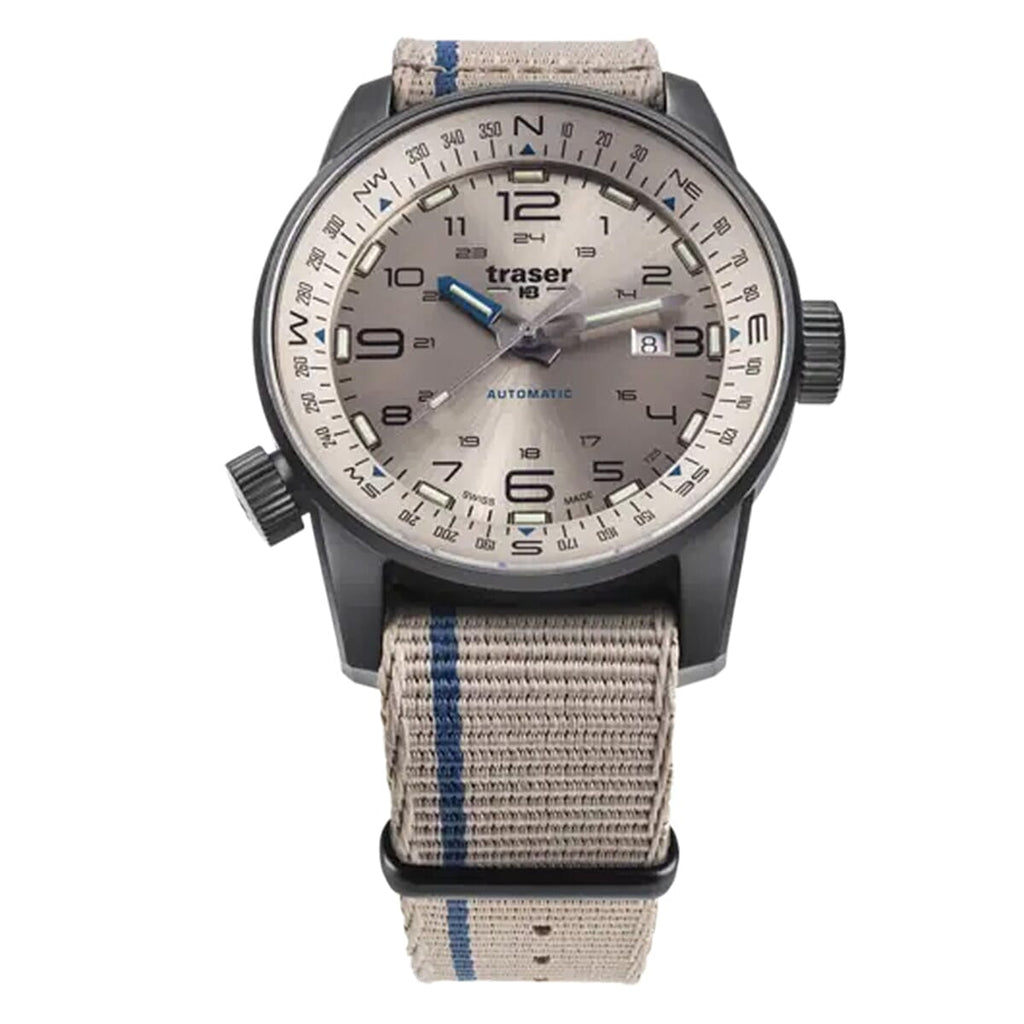 TRASER P68 Pathfinder Automatic Swiss Made Automatic 20ATM WR Beige Dial - Black Case Mens Watch with Beige NATO Fabric Strap