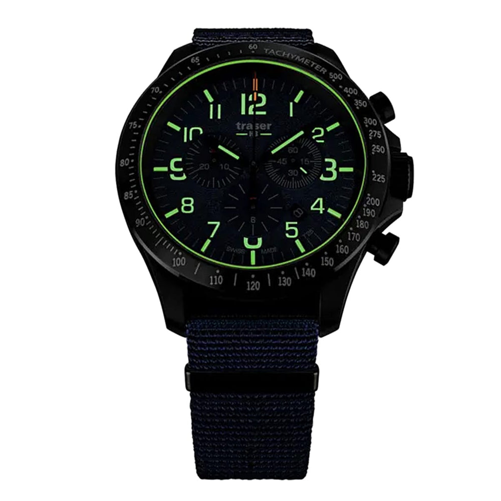 TRASER P67 Officer Chrono Swiss Made Quartz 10ATM WR Blue Dial - Black Case Mens Watch with Blue NATO Fabric Strap
