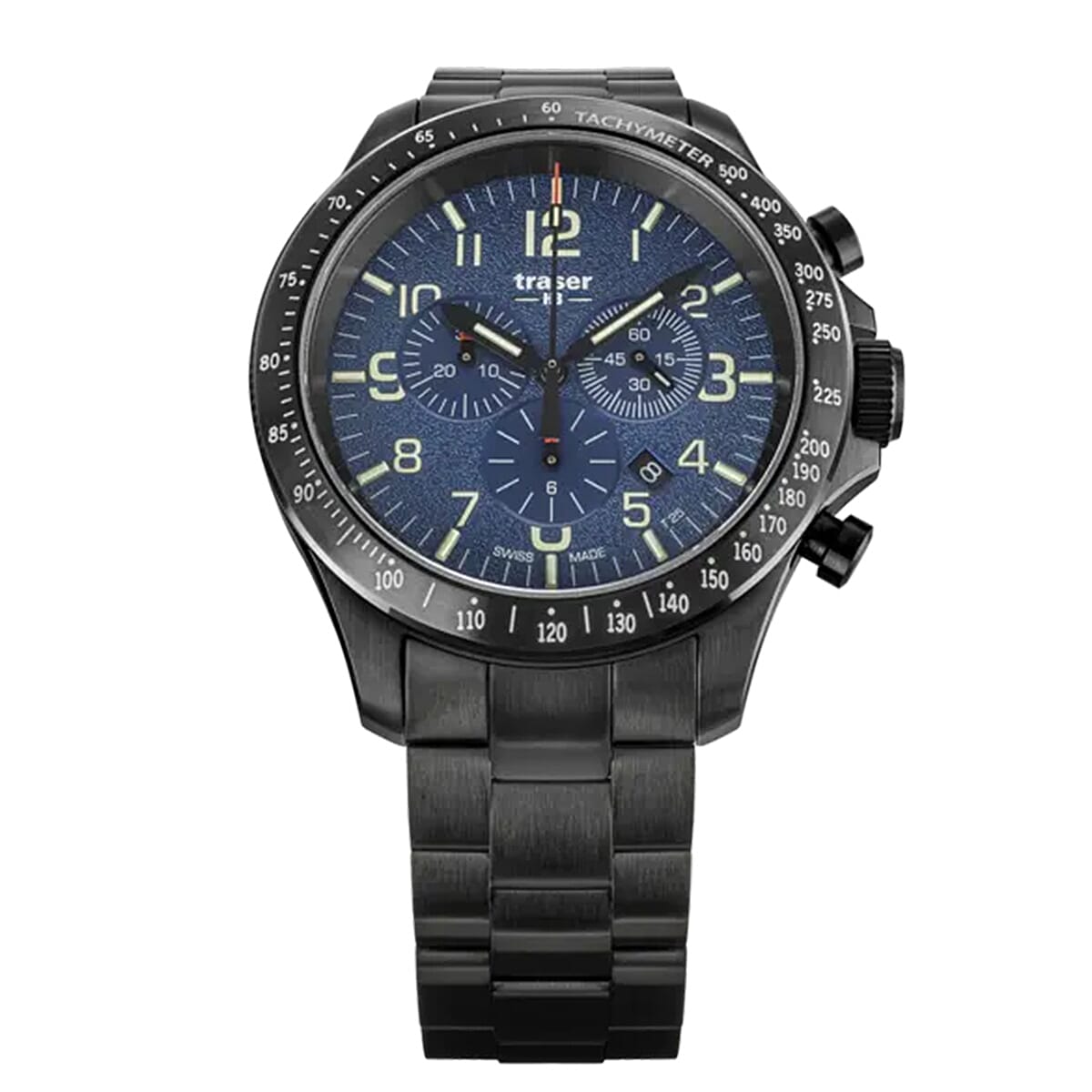 TRASER P67 Officer Chrono Swiss Made Quartz 10ATM WR Blue Dial - Black Case Mens Watch with Blue Stainless Steel Strap