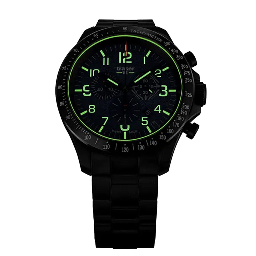 TRASER P67 Officer Chrono Swiss Made Quartz 10ATM WR Blue Dial - Black Case Mens Watch with Blue Stainless Steel Strap