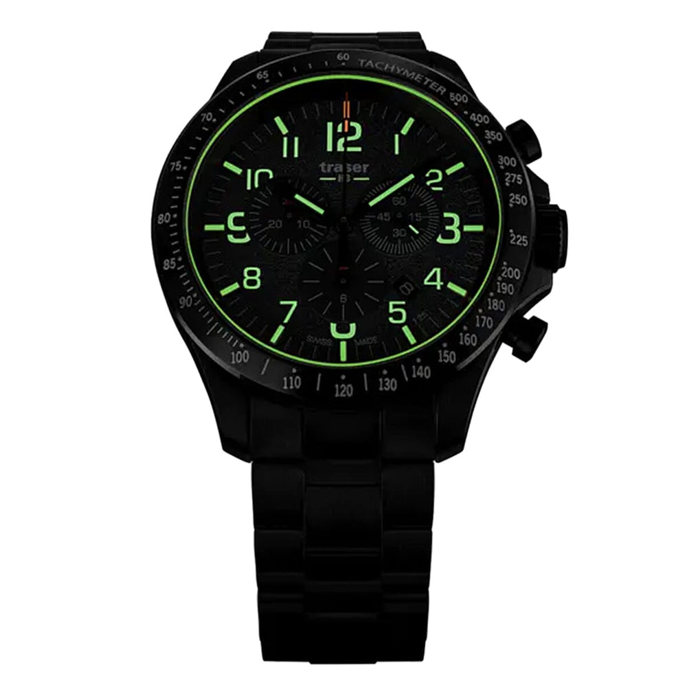 TRASER P67 Officer Chrono Swiss Made Quartz 10ATM WR Khaki Dial - Black Case Mens Watch with Khaki Stainless Steel Strap