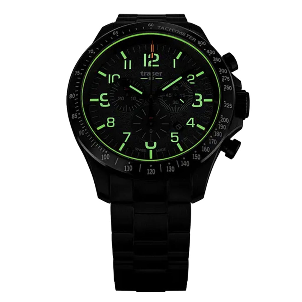 TRASER P67 Officer Chrono Swiss Made Quartz 10ATM WR Khaki Dial - Black Case Mens Watch with Khaki Stainless Steel Strap