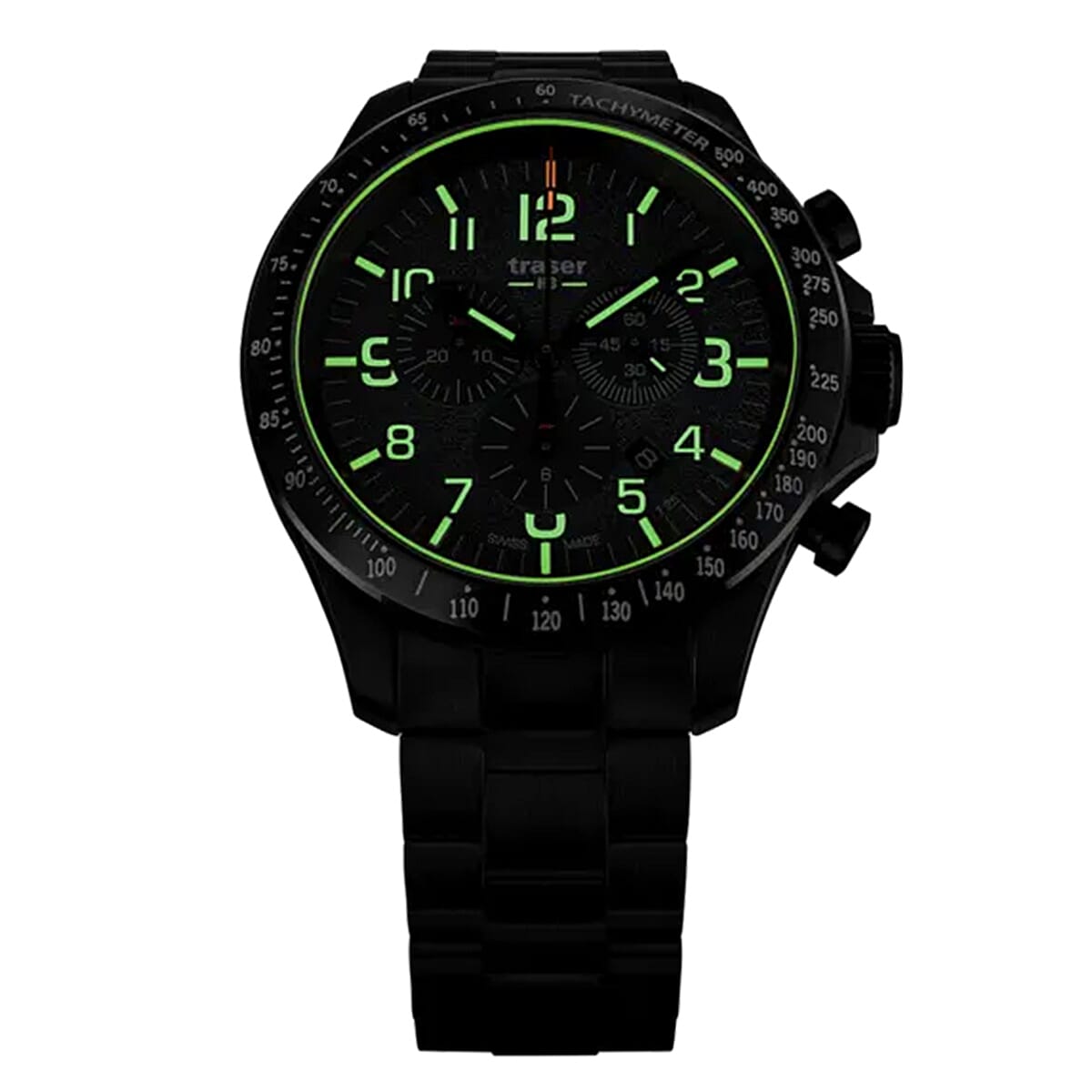 TRASER P67 Officer Chrono Swiss Made Quartz 10ATM WR Khaki Dial - Black Case Mens Watch with Khaki Stainless Steel Strap