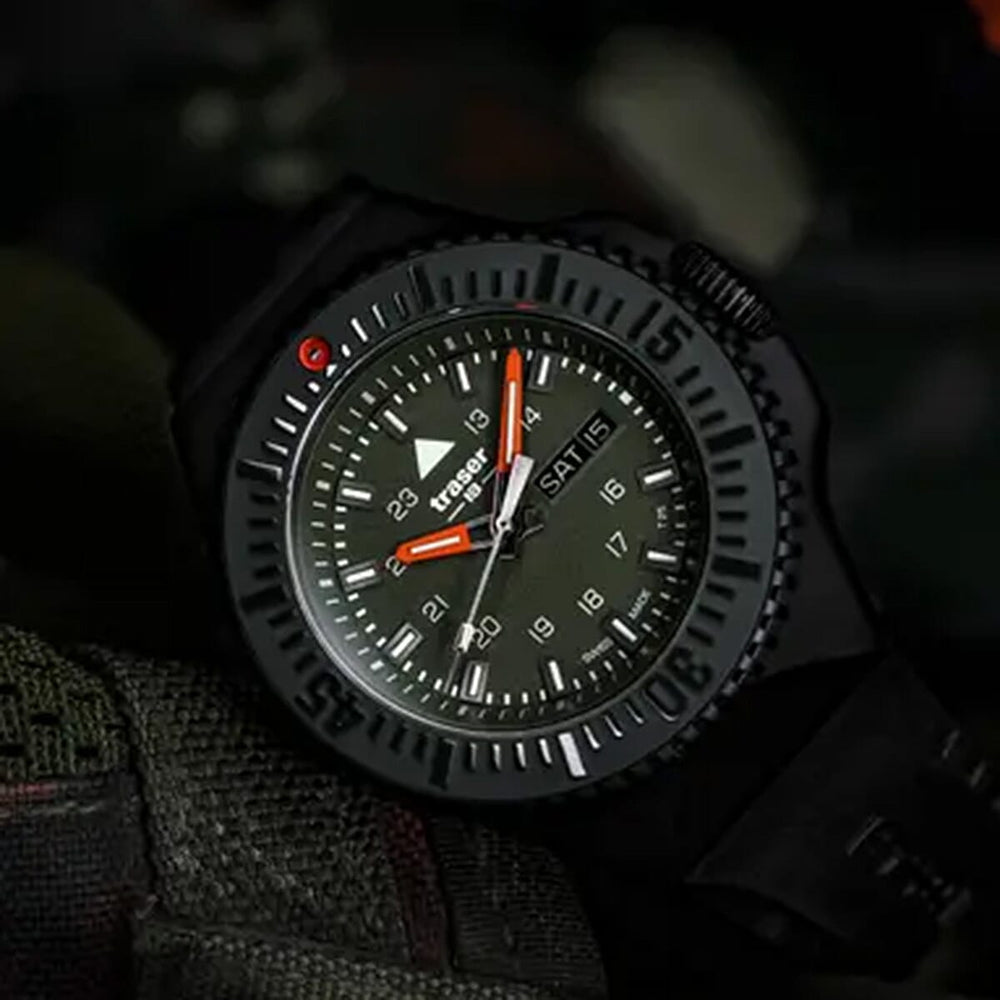 BRAND NEW --TRASER P69 Black Stealth Swiss Made Quartz 20ATM WR Green Dial - Black Case Mens Watch with Black Silicone Strap
