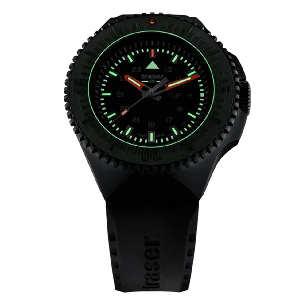 BRAND NEW --TRASER P69 Black Stealth Swiss Made Quartz 20ATM WR Green Dial - Black Case Mens Watch with Black Silicone Strap
