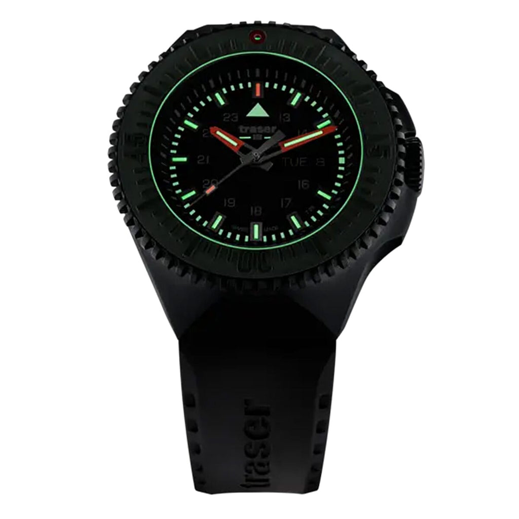 BRAND NEW --TRASER P69 Black Stealth Swiss Made Quartz 20ATM WR Green Dial - Black Case Mens Watch with Black Silicone Strap