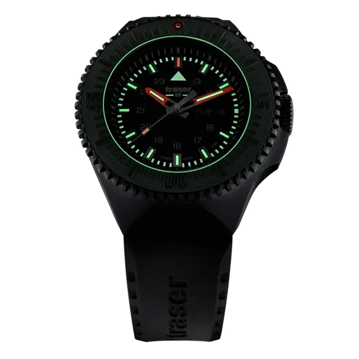 BRAND NEW --TRASER P69 Black Stealth Swiss Made Quartz 20ATM WR Green Dial - Black Case Mens Watch with Black Silicone Strap