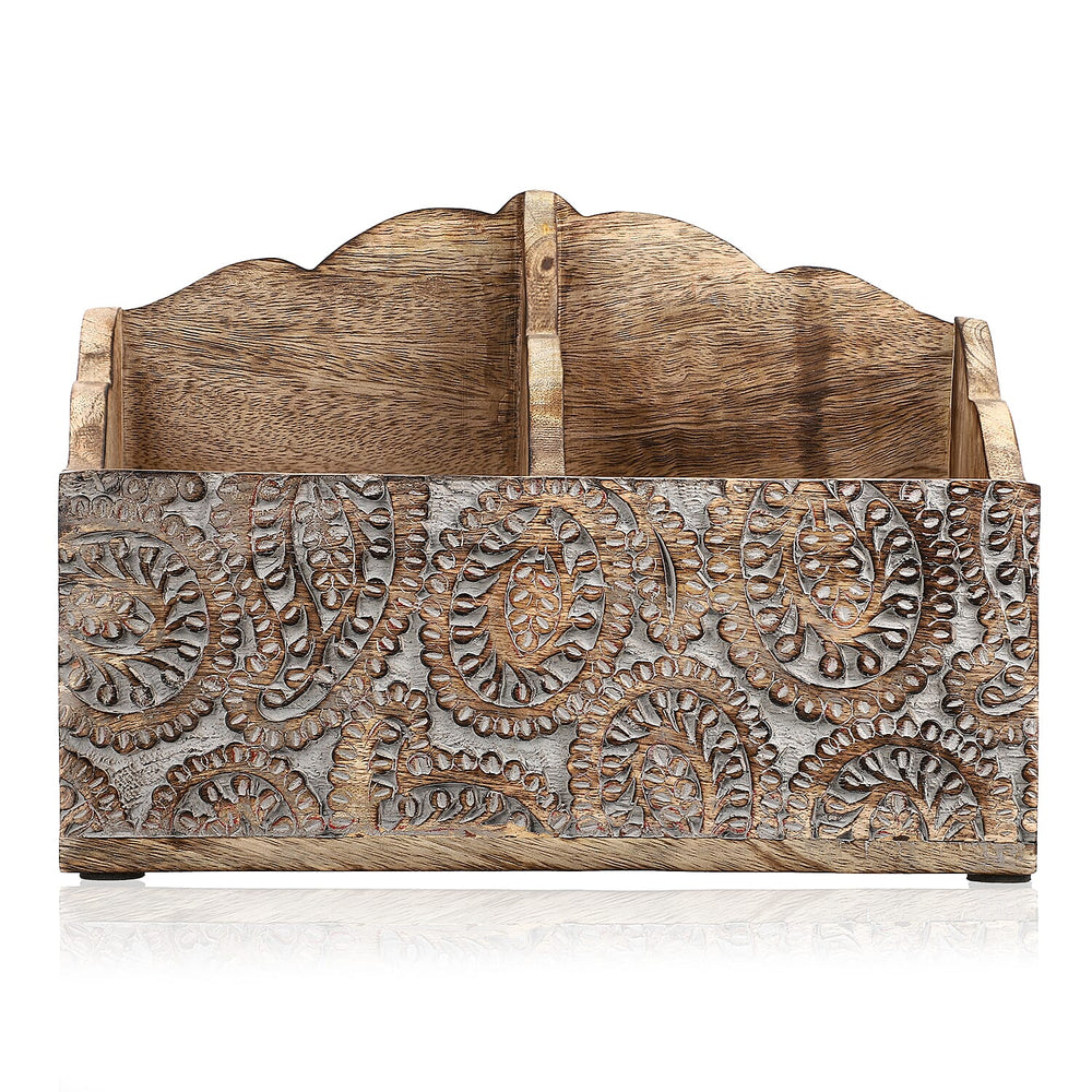 Wooden Carved Caddy with Handle - Decorative Storage Organizer (30.5x21.5x12cm)