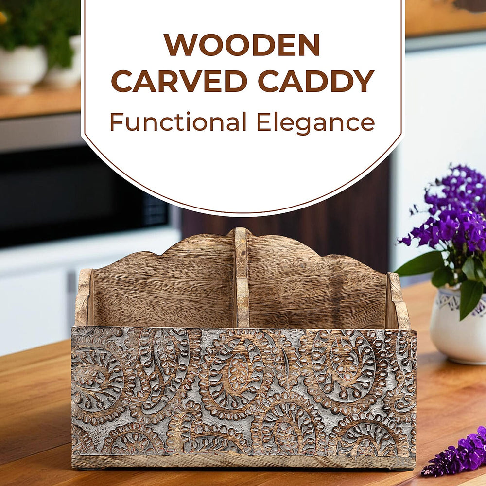 Wooden Carved Caddy with Handle - Decorative Storage Organizer (30.5x21.5x12cm)