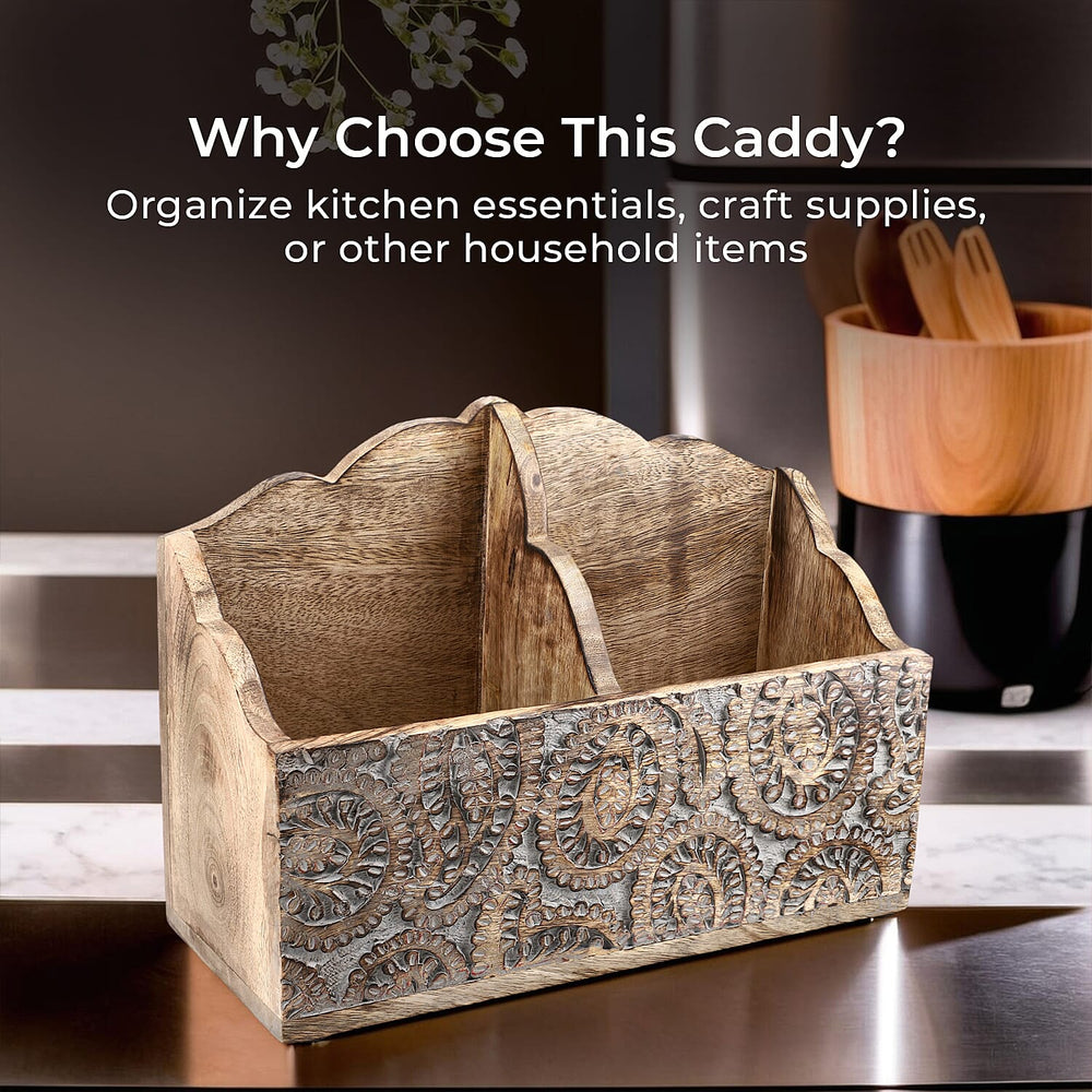 Wooden Carved Caddy with Handle - Decorative Storage Organizer (30.5x21.5x12cm)