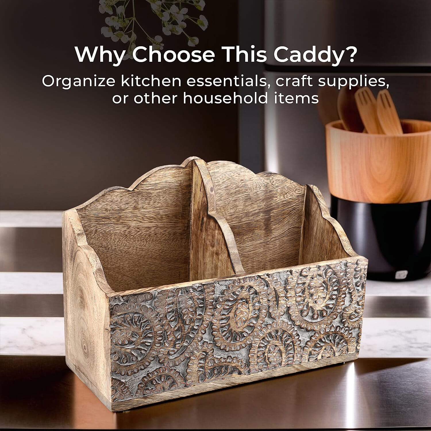 Wooden Carved Caddy with Handle - Decorative Storage Organizer (30.5x21.5x12cm)