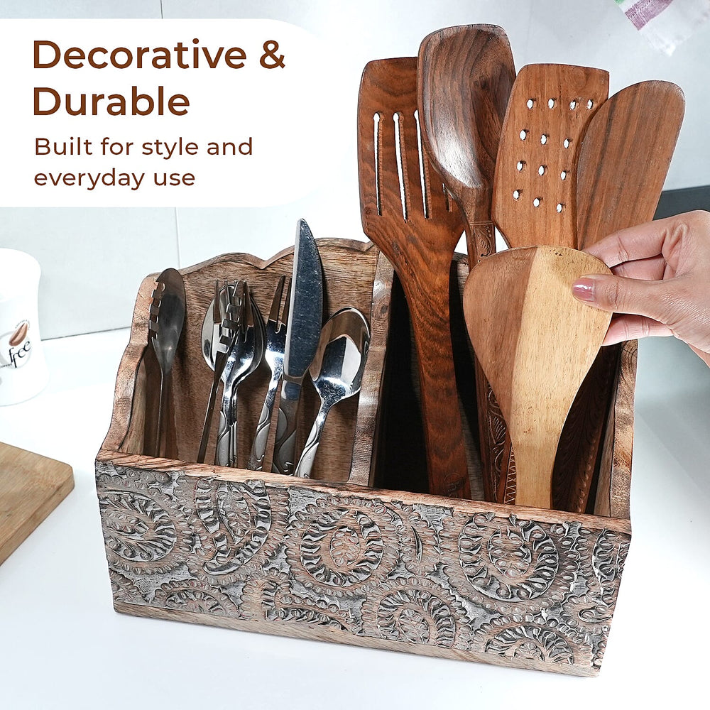 Wooden Carved Caddy with Handle - Decorative Storage Organizer (30.5x21.5x12cm)