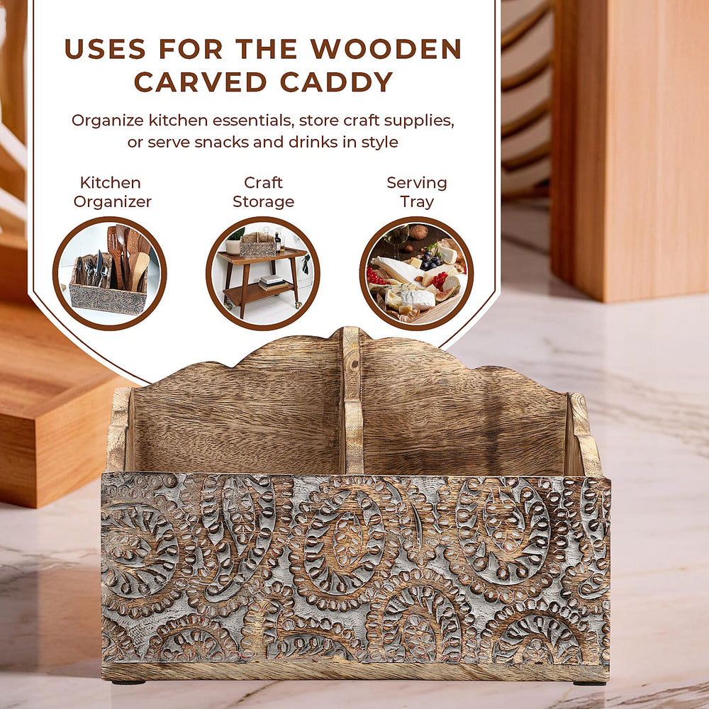 Wooden Carved Caddy with Handle - Decorative Storage Organizer (30.5x21.5x12cm)