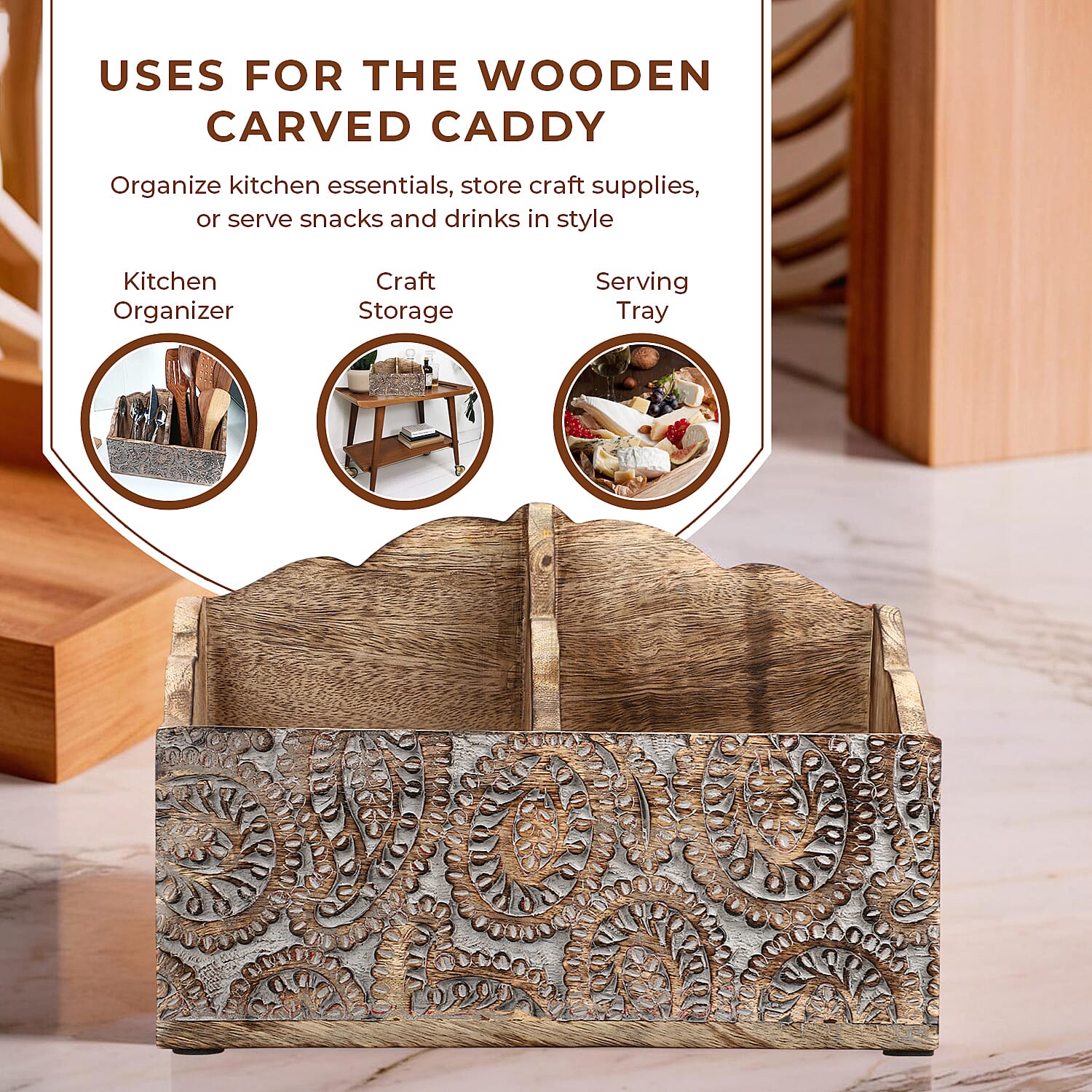 Wooden Carved Caddy with Handle - Decorative Storage Organizer (30.5x21.5x12cm)