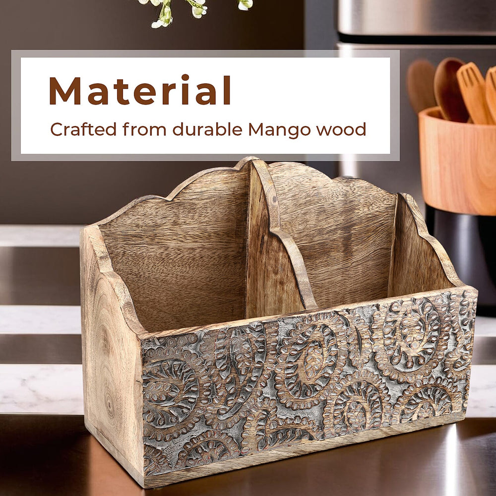 Wooden Carved Caddy with Handle - Decorative Storage Organizer (30.5x21.5x12cm)