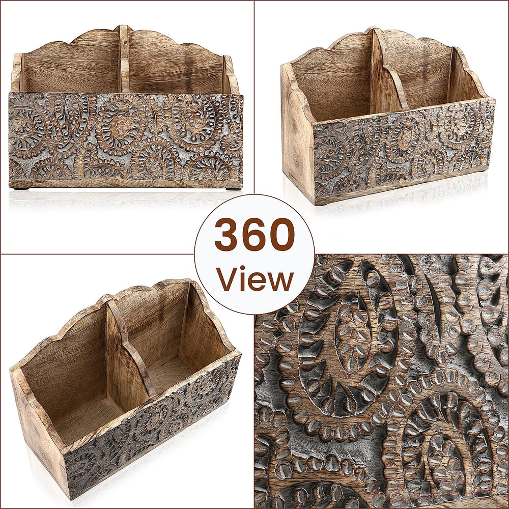 Wooden Carved Caddy with Handle - Decorative Storage Organizer (30.5x21.5x12cm)