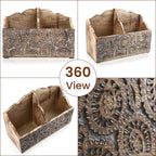 Wooden Carved Caddy with Handle - Decorative Storage Organizer (30.5x21.5x12cm)